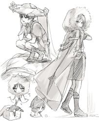 1boy aiguillette animal_ears animal_print armor bird blunt_ends bodysuit boots box cat_boy cat_ears cat_print cat_tail chibi chick coat elbow_on_thigh fatui_coat fur-trimmed_coat fur-trimmed_hood fur_trim furisode genshin_impact greyscale hand_on_own_arm hand_on_own_face hatching_(texture) head_rest hood hood_down hood_up hooded_coat japanese_armor japanese_clothes jewelry kimono kote lapels layered_sleeves leggings linear_hatching looking_at_animal looking_at_viewer looking_down looking_to_the_side male_focus monochrome multiple_views neck_ring reito6 rope sandals sash scaramouche_(cat)_(genshin_impact) scaramouche_(genshin_impact) shimenawa short_sleeves shorts sketch solo squatting stirrup_legwear tail toeless_legwear zouri