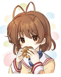 Rule 34 | 1girl, anpan, antenna hair, blazer, blush, brown eyes, brown hair, canaca chiyuri, clannad, close-up, commentary request, dango daikazoku, eating, eyes visible through hair, food, furukawa nagisa, hair behind ear, hair between eyes, hair ornament, hairclip, hands up, highres, hikarizaka private high school uniform, holding, holding food, jacket, long sleeves, looking down, sailor collar, school uniform, serafuku, simple background, solo, twitter username, white sailor collar, yellow jacket