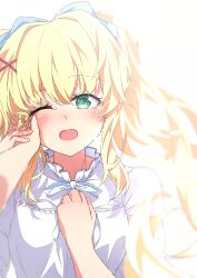 1girl 1other ;d absurdres blonde_hair bloom blue_bow blue_ribbon blurry blush bow clenched_hand commentary crying crying_with_eyes_open depth_of_field floating_hair green_eyes green_pupils hair_between_eyes hair_bow hair_intakes hair_ornament hand_on_another&#039;s_arm hand_on_another&#039;s_cheek hand_on_another&#039;s_face hand_up happy happy_tears highres kyamiuu long_hair neck_ribbon official_alternate_costume one_eye_closed open_mouth pov pov_hands puffy_short_sleeves puffy_sleeves ribbon shirt short_sleeves sidelocks simple_background smile solo_focus summer_pockets tears tsumugi_wenders twintails upper_body white_background white_shirt x_hair_ornament