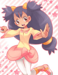 Rule 34 | 1girl, blush, bow, brown eyes, cubexcube, hair ornament, holding, iris (pokemon), long hair, nintendo, open mouth, poke ball, poke ball (basic), pokemon, pokemon (anime), pokemon bw (anime), ponytail, purple hair, shoes, smile, solo, standing, standing on one leg, star (symbol), twintails, very long hair