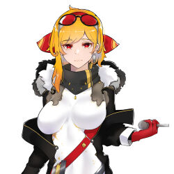 Rule 34 | 1girl, belt, black coat, black scarf, blonde hair, bodystocking, bow, breasts, bright pupils, coat, coat partially removed, commentary, covered navel, dress, earrings, eyewear on head, fur collar, gloves, hair bow, hairband, hammer, highres, holding, holding hammer, hololive, hololive indonesia, impossible clothes, impossible dress, jewelry, kaela kovalskia, kaela kovalskia (1st costume), large breasts, long sleeves, looking at viewer, mallet, medium hair, off shoulder, open clothes, open coat, red-tinted eyewear, red belt, red bow, red eyes, red gloves, red hairband, scarf, simple background, single earring, single sidelock, skin tight, solo, sunglasses, swept bangs, tinted eyewear, upper body, virtual youtuber, watercat322, white background, white dress, white pupils