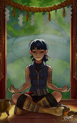 1girl arm_tattoo artist_name backlighting belt black_hair black_shirt black_shorts black_undershirt blue_vest blunt_bangs blurry blurry_background boots brazier breasts closed_mouth commentary commission creatures_(company) curled_fingers day depth_of_field doorway dragonfu english_commentary eyelashes facing_viewer foliage forest game_freak gen_3_pokemon grey_belt highres indian_style indoors kate_mikolajczyk_(silverfox442) knee_boots legendary_pokemon lips mat meditation medium_breasts messy_hair mudra nature nintendo on_floor original outstretched_hand partially_unzipped poke_ball pokemon pokemon_(creature) ponytail rayquaza rope shadow shide shirt short_hair short_ponytail shorts shrine signature sitting sleeveless sleeveless_shirt solo spoon straight-on tassel tattoo turtleneck unownglyphics vest wooden_floor yellow_boots zipper_pull_tab