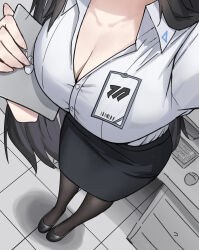 1girl absurdres black_hair black_shoes black_skirt blue_archive breasts cleavage collarbone computer_keyboard computer_mouse head_out_of_frame highres holding holding_tablet_pc large_breasts long_hair name_tag pantyhose rio_(blue_archive) sa-baaa shirt shoes skirt solo tablet_pc white_shirt