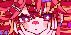 +_+ 1girl bandaid bandaid_on_face bandaid_on_hair bandaid_on_nose blush close-up drill_hair hair_between_eyes hair_ornament hairclip hands_on_own_cheeks hands_on_own_face head_only heart heart_hair_ornament highres jewelry kasane_teto looking_to_the_side okayu_(cwtv7823) polka_dot_shadow red_eyes red_hair red_nails ring solo star_on_cheek too_many_hair_ornaments twin_drills utau