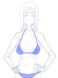 Rule 34 | 1girl, android, artist request, bikini, blame!, blue bikini, breasts, cibo, cleavage, closed mouth, cyberpunk, cyborg, joints, large breasts, looking at viewer, medium hair, pale skin, robot joints, simple background, smile, solo, standing, swimsuit, white background, white hair