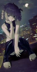 1girl absurdres bare_arms barefoot black_nails black_pants black_shirt blue_eyes braid braided_hair_rings cityscape cleavage_cutout clothing_cutout cloud cloudy_sky commentary_request crop_top cropped_shirt full_moon grey_hair hair_rings head_rest highres knees_together_feet_apart knees_up looking_at_viewer midriff moon nail_polish nanakusa_nazuna_(yofukashi_no_uta) night night_sky open_mouth pants shirt sky sleeveless sleeveless_shirt solo songchuan_li stirrup_legwear toeless_legwear toenail_polish toenails toes yofukashi_no_uta