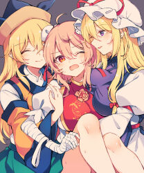 3girls ^_^ ahoge bandaged_arm bandages black_hat blonde_hair breasts closed_eyes commentary double_bun dress green_skirt grey_background hair_between_eyes hair_bun hat hat_ribbon highres hug ibaraki_kasen large_breasts long_hair long_sleeves matara_okina mob_cap multiple_girls one_eye_closed open_mouth orange_sleeves orange_tabard pink_hair purple_eyes purple_tabard red_ribbon red_tabard ribbon shirt short_hair skirt tabard tama_(soon32281) touhou upper_body white_dress white_hat white_shirt wide_sleeves yakumo_yukari yuri