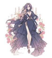 1girl black_dress breasts cleavage dress flower full_body high_heels jewelry large_breasts lemon89h long_dress long_hair long_sleeves looking_at_viewer original purple_hair rose side_slit solo standing very_long_hair yellow_eyes