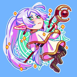 1girl absurdres black_pantyhose blue_background boots brown_boots capelet chibi closed_mouth commentary dress earrings elf english_commentary floating_earrings frieren full_body gamusaur gem gold_trim green_eyes grey_hair highres holding holding_staff jewelry long_hair long_sleeves looking_at_viewer looking_back mage_staff outline pantyhose parted_bangs pointy_ears red_gemstone solo sousou_no_frieren staff striped_clothes twintails white_capelet white_dress white_outline