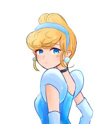 1girl absurdres ball_gown blonde_hair blue_dress blue_eyes choker cinderella_(disney_character) cinderella_(disney_movie) dress earrings elbow_gloves gloves gown hair_bun hairband highres jewelry looking_at_viewer princess red_lips short_hair smile solo user_sjve3722