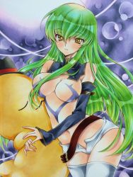 1girl alternate_costume bad_id bad_twitter_id blush breasts c.c. cheese-kun code_geass cowboy_shot detached_collar detached_sleeves female_focus geass green_hair hugging_doll hugging_object izumo_neko long_hair navel no_nipples revealing_clothes short_hair solo thighhighs traditional_media very_long_hair white_thighhighs yellow_eyes