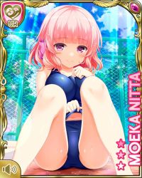 1girl barefoot bow breasts character_name closed_mouth female_focus fence girlfriend_(kari) hands_by_face leaning looking_at_viewer medium_breasts navel nitta_moeka official_art outdoors pink_bow pink_hair pool purple_eyes qp:flapper school_swimsuit short_hair sitting smile solo swimsuit tagme