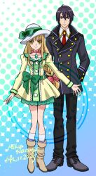1boy 1girl alternate_costume alternate_hairstyle black_hair blonde_hair boots bow braid choker copyright_name dated dress english_text formal_clothes full_body green_bow hat lan_ruobing long_hair low-braided_long_hair low-tied_long_hair mxnanase necktie ribbon short_hair smile socks tian_lei yellow_eyes zhandou_wang_zhi_jufeng_zhan_hun