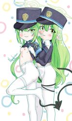 2girls absurdres artist_name biting blue_archive blush breasts buttons closed_mouth dated demon_tail fang flat_chest gloves green_hair halo hat highres hikari_(blue_archive) loli long_hair looking_at_viewer multiple_girls nanaeljustice navel nipples no_pants nozomi_(blue_archive) pantyhose pointy_ears siblings simple_background sisters skin_fang small_breasts smile tail twins twintails undressing white_gloves white_pantyhose yellow_eyes