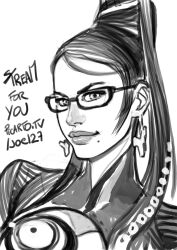 Rule 34 | 1girl, 2017, arms at sides, bayonetta, bayonetta (series), beehive hairdo, bodysuit, brooch, closed mouth, clothing cutout, commentary, cropped torso, earrings, english text, female focus, glasses, greyscale, hair ribbon, head tilt, highres, jewelry, joel jurion, light smile, living clothes, looking at viewer, mole, mole under mouth, monochrome, ribbon, simple background, solo, thick lips, white background