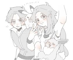 1boy 1girl ? bare_shoulders eevee gen_1_pokemon highres jacket leaf_(pokemon) locked_arms long_hair mp_uu6 nintendo pikachu pokemon pokemon_frlg red_(pokemon) short-sleeved_jacket short_hair short_sleeves sweat v wristband