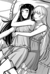 2girls blunt_bangs blush collarbone commentary_request cuddling greyscale hug hug_from_behind igarashi_sayaka kakegurui kanbayashi_makoto long_hair looking_at_another looking_back lying momobami_kirari monochrome multiple_girls nightgown on_bed on_side pillow yuri