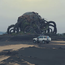 abandoned cable car cloud cloudy_sky dilapidated highres honda honda_cr-v motor_vehicle no_humans non-humanoid_robot outdoors plant robot rock rust sand science_fiction sidelighting simon_stalenhag sky sports_utility_vehicle swedish_machines unconventional_emergency_vehicle_lighting wheel