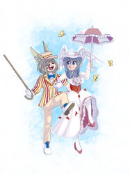 Rule 34 | 2girls, :d, animal ears, bert (mary poppins), bert (mary poppins) (cosplay), blue necktie, bug, butterfly, cane, closed eyes, closed mouth, coat, cosplay, dancing, dress, formal clothes, full body, gloves, head wings, highres, holding, holding umbrella, insect, locked arms, long dress, mary poppins, mary poppins (character), mary poppins (character) (cosplay), multiple girls, necktie, open mouth, pants, pantyhose, parasol, red shoes, shoes, short hair with long locks, smile, snakeycake, suit, umbrella, white gloves, white pantyhose, white shoes, wings, xenoblade chronicles (series), xenoblade chronicles 3