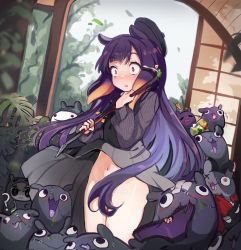 Rule 34 | 2girls, 6+others, :o, absurdres, animal ears, black eyes, black headwear, blush, bottomless, bow, bow panties, brown hair, clothes theft, convenient censoring, crotch seam, crowbar, dress, hair censor, highres, holding, holding crowbar, hololive, hololive english, koahri, lace, lace-trimmed panties, lace trim, long hair, mask, matching hair/eyes, multicolored hair, multiple girls, multiple others, nanashi mumei, navel, ninomae ina&#039;nis, ninomae ina&#039;nis (casual), no panties, official alternate costume, open mouth, orange hair, panties, patchwork skin, plant, purple eyes, purple hair, purple panties, scar, scar on face, skirt, smol mumei, stitches, subway (company), takodachi (ninomae ina&#039;nis), tentacle hair, theft, underwear, underwear theft, unworn panties, very long hair, virtual youtuber, zombie