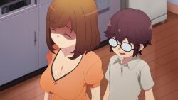 &gt;_&lt; 1boy 1girl akutsu_eita animated anime_screenshot ass breast_press breasts brown_hair brown_pants cleavage closed_eyes collarbone girl_on_top glasses highres kakushite!_makina-san!! large_breasts mature_female medium_hair ooya-san_(makina-san) orange_shirt pants shirt sound tagme unconscious video