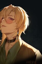 Rule 34 | 1boy, absurdres, aventurine (honkai: star rail), black background, blonde hair, brown jacket, chain, chain leash, chinese commentary, collar, collared shirt, commentary request, heibai bangbing, highres, honkai: star rail, honkai (series), jacket, leash, licking lips, looking at viewer, male focus, multicolored eyes, shirt, solo, tattoo, tongue, tongue out, upper body