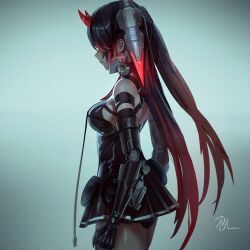 Rule 34 | 1girl, bare back, bare shoulders, black dress, black hair, breasts, chest harness, chin guard, chinese commentary, clenched hand, commentary, cowboy shot, dress, earrings, fake horns, from side, gradient hair, harness, headgear, highres, horns, jewelry, long hair, lucia: dawn (pgr), lucia (pgr), mechanical arms, mechabare, medium breasts, multicolored hair, oni horns, pleated skirt, profile, punishing: gray raven, qnzy, red hair, short dress, sideboob, signature, simple background, skirt, solo, strap, streaked hair, twintails, very long hair