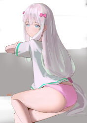 Rule 34 | 1girl, ass, blue eyes, bow, closed mouth, commentary, eromanga sensei, feet out of frame, from behind, grey hair, hair bow, highres, izumi sagiri, long hair, looking at viewer, looking back, low-tied long hair, panties, pink panties, rurikon, shirt, short sleeves, signature, sitting, solo, t-shirt, thighs, underwear, very long hair, white shirt