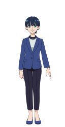Rule 34 | 1girl, black hair, black pants, blue jacket, blue shoes, business suit, earrings, formal clothes, full body, green eyes, gundam, gundam gquuuuuux, high heels, highres, jacket, jewelry, looking at viewer, official art, pant suit, pants, pumps, shoes, short hair, simple background, smile, solo, standing, suit, tamaki yuzuriha, transparent background, watch, wristwatch