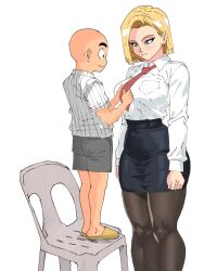 1boy 1girl android_18 blonde_hair blue_eyes bow bowtie button_shirt captain_tai_art chair dragon_ball dragonball_z highres kuririn pantyhose shirt shorts skirt slippers thick_thighs thighs yellow_slippers
