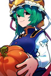 1girl asymmetrical_hair black_eyes black_skirt blue_vest bow breasts buttons collared_vest commentary_request epaulettes food frilled_hat frills from_below fruit green_hair hat highres holding holding_food holding_fruit holding_pumpkin holding_vegetable iganashi1 long_sleeves looking_at_viewer medium_breasts pumpkin red_bow shiki_eiki shirt short_hair simple_background skirt sleeve_bow smile solo touhou upper_body vegetable vest white_background white_bow white_shirt