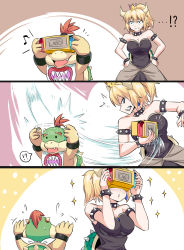 ! !? 1boy 1girl ? armlet bare_shoulders bib black_collar black_dress blonde_hair blue_eyes blue_gemstone bowser_jr. bowsette bracelet breasts brooch cleavage collar comic commentary_request constricted_pupils dress earrings fang flying_sweatdrops gem hair_between_eyes hands_on_own_hips happy height_difference highres horns jewelry long_hair looking_at_another mario_(series) medium_breasts mother_and_son motion_lines musical_note new_super_mario_bros._u_deluxe nintendo nintendo_labo nintendo_switch ponytail raised_eyebrows red_hair sharp_teeth shimure_(460) short_hair sidelocks snatch solid_circle_eyes sparkle spiked_armlet spiked_bracelet spiked_collar spiked_shell spiked_tail spikes spoken_exclamation_mark spoken_interrobang spoken_musical_note spoken_question_mark strapless strapless_dress super_crown tail teeth turtle_shell waist_cape