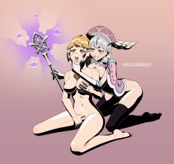 2girls 4headboiii blonde_hair breasts fiora_(xenoblade) head_wings hypnosis masturbation mecha-fiora melia_antiqua mind_control multiple_girls nipples nude open_mouth silver_hair simple_background spoilers staff wings xenoblade_chronicles_1 xenoblade_chronicles_(series) yuri