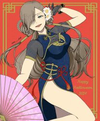 1girl bare_legs blue_dress blue_eyes braid breasts brown_hair china_dress chinese_clothes commentary_request dress feet_out_of_frame flower foot_up hair_flower hair_ornament hair_over_one_eye halloween hand_up happy_halloween highres iia_strk large_breasts long_hair looking_at_viewer oil-paper_umbrella open_mouth smile solo tales_of_(series) tales_of_the_abyss tear_grants twitter_username umbrella