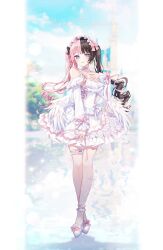 1girl bare_shoulders black_hair blurry blurry_background border bow closed_mouth dress dress_flower feathered_wings flower frilled_thigh_strap full_body highres long_hair long_sleeves low_wings multicolored_hair off_shoulder pink_bow pink_hair pink_ribbon ribbon shoes smile standing tachibana_hinano taya_oco thigh_strap tongue tongue_out two-tone_hair virtual_youtuber vspo! white_border white_dress white_shoes white_wings wings