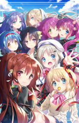 Rule 34 | 6+girls, :3, ahoge, aqua eyes, bat hair ornament, bell, black hair, black jacket, black ribbon, blonde hair, blue eyes, blue hair, blue sky, blush, bow, candy, cape, closed mouth, double-parted bangs, everyone, eyelashes, eyes visible through hair, food, frilled ribbon, frills, futaki kanata, green eyes, grey hair, grey skirt, hair bell, hair between eyes, hair bow, hair ornament, hair ribbon, hairband, hairclip, half updo, hand up, heads together, highres, holding, holding candy, holding food, holding lollipop, hug, jacket, jingle bell, kamikita komari, kise itsuki, kurugaya yuiko, lips, little busters!, lollipop, long hair, long sleeves, looking at viewer, looking back, miniskirt, multiple girls, natsume rin, nishizono mio, noumi kudryavka, one eye closed, one side up, open mouth, pink bow, plaid clothes, plaid skirt, pleated skirt, ponytail, profile, purple eyes, purple hair, red eyes, red hairband, red ribbon, ribbon, saigusa haruka, sasasegawa sasami, school uniform, short hair, siblings, side ponytail, sidelocks, sideways glance, sisters, sitting, skirt, sky, smile, star (symbol), star hair ornament, tokido saya, twins, two side up, upper body, very long hair, white cape, white headwear, white ribbon, yellow bow, yellow eyes
