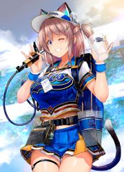 1girl \n/ alcohol animal_hat backpack bag baseball_cap beer belt blue_eyes blue_hat blue_shirt blue_skirt blurry blurry_background brown_hair cat_hat cat_tail collared_shirt commentary_request cup cup_holder day depth_of_field grin hair_ornament hair_tie hat holding holding_cup kiryuu_takahisa lanyard logo looking_at_viewer medium_hair midriff miniskirt navel one_eye_closed original outdoors pleated_skirt pouch shirt short_sleeves short_twintails skirt smile solo stadium standing star_(symbol) star_hair_ornament tail twintails wristband