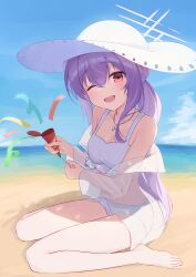 Rule 34 | 1girl, absurdres, atsuko (blue archive), atsuko (swimsuit) (blue archive), barefoot, bikini, blue archive, blue sky, commentary request, commission, confetti, day, frilled bikini, frills, halo, hat, highres, hitsuji (myn mei), holding, holding party popper, jewelry, long hair, looking at viewer, necklace, official alternate costume, one eye closed, open mouth, outdoors, party popper, pixiv commission, purple hair, red eyes, see-through clothes, sitting, sky, smile, solo, sun hat, swimsuit, wariza, white bikini, white hat