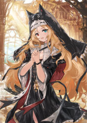 1girl absurdres animal_ears archetto_(arknights) archetto_(glory_of_the_devout)_(arknights) arknights black_dress black_veil blonde_hair blue_eyes dress ears_under_headwear hands_up heterochromia highres indoors laoshi_wo_hao_e long_hair long_sleeves nun official_alternate_costume open_mouth own_hands_clasped own_hands_together red_eyes solo veil