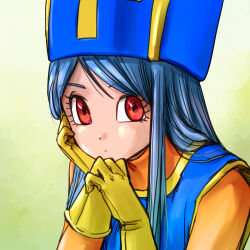 Rule 34 | 1girl, blue hair, blue hat, blue tabard, bodysuit, commentary request, dragon quest, dragon quest iii, gloves, gold trim, green background, hand on own cheek, hand on own face, hat, highres, long hair, looking at viewer, looking to the side, mitre, orange bodysuit, pekuchin (pekuchin 3), priest (dq3), red eyes, solo, tabard, upper body, yellow gloves