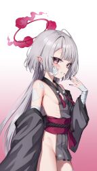 1girl :d absurdres bandaged_arm bandages bandaid blue_archive blunt_bangs breasts commentary_request detached_sleeves from_side gauze gauze_on_cheek gradient_background grey_hair grin halo highres japanese_clothes long_sleeves looking_at_viewer looking_to_the_side nail_polish no_panties open_mouth parted_bangs pointy_ears red_eyes red_halo ryuhei_(lyuheyi1011) shuro_(blue_archive) sideboob sidelocks simple_background small_breasts smile solo wide_sleeves