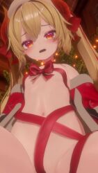 1girl 3d animated awai_ryuzaki blonde_hair blush bow choker christmas coat detached_sleeves flat_chest hat highres loli looking_at_viewer music naked_coat navel no_bra no_panties original pov red_coat red_eyes red_ribbon ribbon santa_hat sound tagme thighs twintails video vrchat