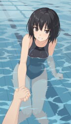1girl amagami black_eyes black_hair black_one-piece_swimsuit blue_one-piece_swimsuit bob_cut botan_m breasts clenched_teeth collarbone competition_swimsuit feet_out_of_frame highres knees_together_feet_apart nanasaki_ai one-piece_swimsuit paid_reward_available partially_submerged pool pov pov_hands short_hair small_breasts smile solo_focus standing swimsuit teeth two-tone_one-piece_swimsuit water
