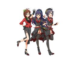 3girls akizuki_ritsuko antenna_hair asymmetrical_gloves belt black_hair blue_eyes blue_hair boots brown_eyes brown_hair chain crown earrings floral_print ganaha_hibiki glasses gloves grey_eyes hat high_heel_boots high_heels idol_clothes jacket jewelry kikuchi_makoto long_skirt low_twin_braids mini_crown multiple_girls navel official_art open_mouth promotional_art skirt thighhighs transparent_background twin_braids