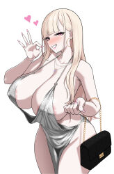 1girl areola_slip bare_shoulders blonde_hair blush breasts cleavage collarbone covered_erect_nipples dress evening_gown grin highres large_breasts long_hair looking_at_viewer nakamura_misaki nanae nanae_akio original pelvic_curtain pink_eyes smile solo thighs