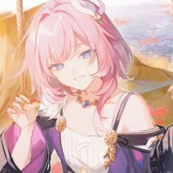 1girl bare_shoulders blue_eyes breasts coat cyrene_(honkai:_star_rail) dress hair_ornament highres holding holding_leaf honkai:_star_rail honkai_(series) jewelry leaf looking_at_viewer medium_hair multicolored_hair necklace on_swing parted_lips purple_coat small_breasts solo swing two-tone_hair umenoume water white_dress white_hair