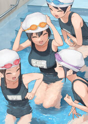 4girls :d ^_^ black_hair black_one-piece_swimsuit blush breasts closed_eyes commentary_request gaki_kyonyuu goggles goggles_on_head highres kaedeko_(kaedelic) large_breasts multiple_girls one-piece_swimsuit open_mouth oppai_loli partially_submerged pool sasaki_kanna school_swimsuit smile swimsuit teeth thighs water