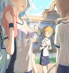 1boy 2girls absurdres aether_(genshin_impact) ahoge alternate_costume badminton_racket barbara_(genshin_impact) blonde_hair blue_buruma blue_hair blue_shorts blush bra bra_visible_through_clothes braid braided_ponytail breasts buruma collarbone covered_navel furina_(genshin_impact) genshin_impact gym_shirt gym_uniform head_out_of_frame highres holding holding_towel long_hair looking_at_another low_ponytail multiple_girls open_mouth pink_bra ponytail racket see-through_clothes see-through_shirt shirt short_sleeves shorts single_braid small_breasts sweatdrop towel twintails underwear very_long_hair wet wet_clothes wet_shirt x_mouth yiran_kuxiao