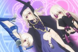 3girls arm_up ass bare_legs bare_shoulders black_gloves black_thighhighs blonde_hair blue_bodysuit blue_panties bodysuit boots closed_mouth cosplay cu_chulainn_(fate) cu_chulainn_(fate/stay_night) cu_chulainn_(fate/stay_night)_(cosplay) elbow_gloves eyepatch fate/kaleid_liner_prisma_illya fate_(series) female_focus gloves hair_between_eyes hand_on_own_arm high_heel_boots high_heels illyasviel_von_einzbern illyasviel_von_einzbern_(caster_install) illyasviel_von_einzbern_(lancer_install) illyasviel_von_einzbern_(rider_install) light_smile long_hair looking_at_viewer lying medea_(caster)_(fate) medea_(fate) medea_(fate)_(cosplay) medusa_(fate) medusa_(rider)_(fate) medusa_(rider)_(fate)_(cosplay) multiple_girls multiple_persona official_art on_stomach one_eye_closed one_eye_covered panties red_eyes thighhighs thighs underwear v white_hair