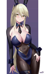1girl absurdres animal_ears artoria_pendragon_(fate) artoria_pendragon_(lancer_alter)_(fate) blonde_hair blue_leotard blush braid breasts brown_pantyhose cleavage covered_navel detached_collar detached_sleeves fate/grand_order fate_(series) french_braid hair_between_eyes highleg highleg_leotard highres kurozawa_yui large_breasts leotard long_hair long_sleeves looking_at_viewer nail_polish necktie pantyhose playboy_bunny rabbit_ears sidelocks solo thighs wrist_cuffs yellow_eyes